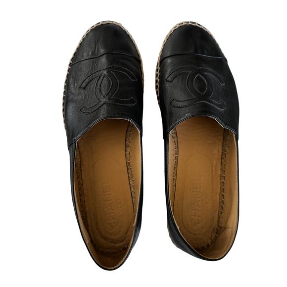 Chanel Black Leather Interlocking CC Logo Espadrilles Flats Size EU 39 - Picture 6 of 14